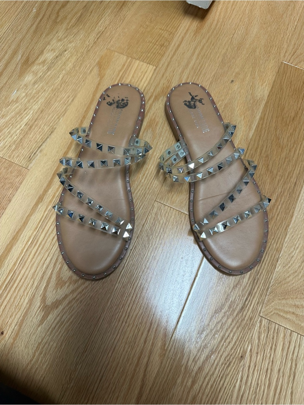 Tan Slide Sandals with Clear Studded Straps